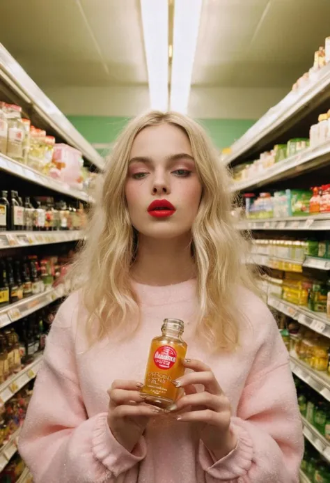 whimsical wide-angle photo, high top-down angle, brightly-lit supermarket aisle, young woman is holding a small glass bottle fil...