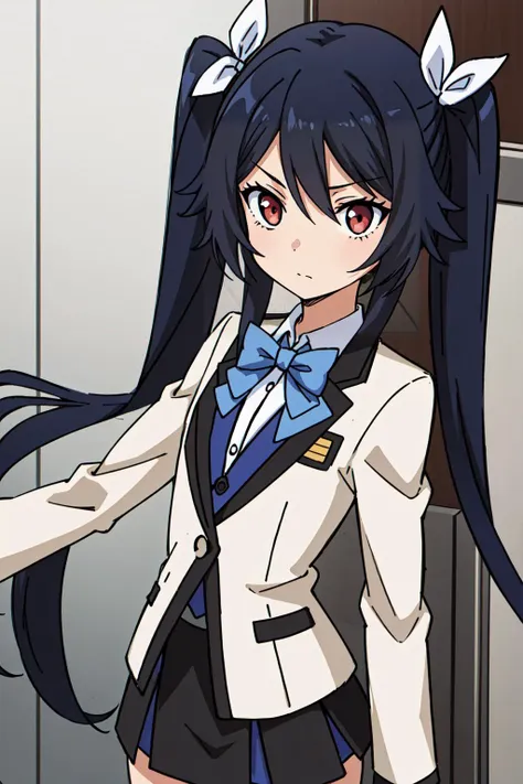 anime girl in uniform with long black hair and white jacket