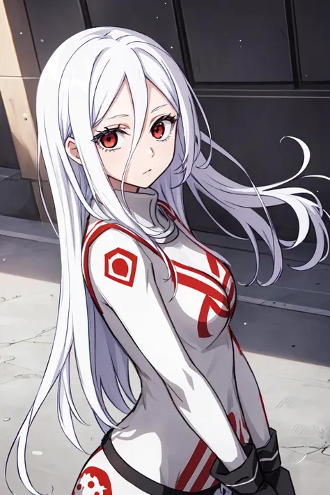 anime girl with long white hair and red and white outfit