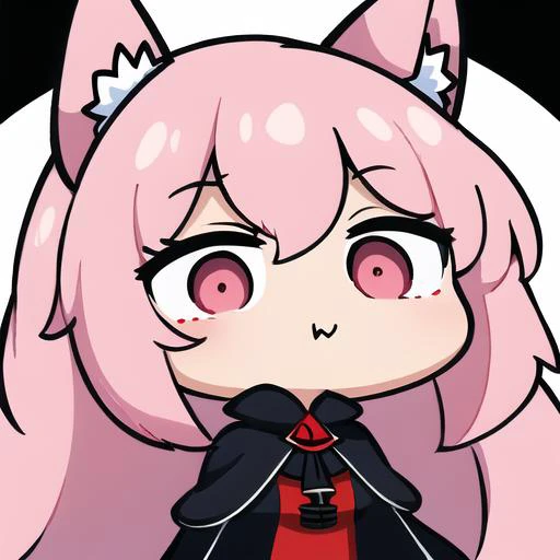 anime girl with pink hair and black cape with red eyes