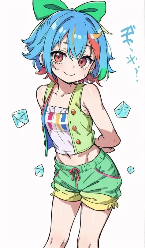 a drawing of a girl with blue hair and green shorts