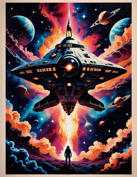 A Space Ship Escaping the Void <lora:SDXLStencilStyleFAE:0.8> stencil style,  movie poster, beautiful colors, nebula, high quality