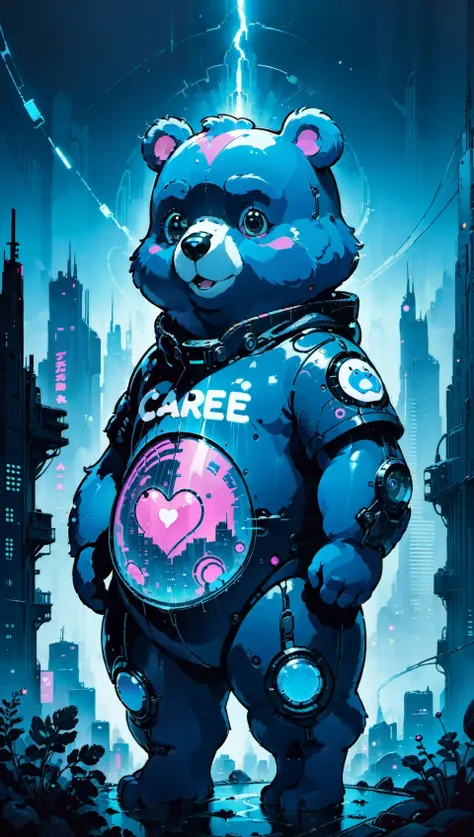 a blue bear with a heart on its chest standing in front of a city