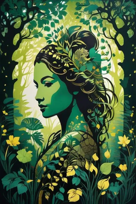 1girl in a mythical forest, masterpiece, perfect face, intricate details <lora:SDXLStencilStyle:1> stencil style, stenciled,