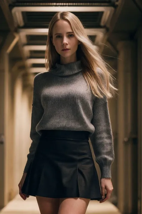 photo of S235_DianaSedova,a stunning woman,in an (underground-cell),wearing a (sweater:1.1) and a (skirt),(8k, RAW photo, best quality, depth of field, ultra high res:1.1),(absurdres, intricate, photorealistic, masterpiece, ultra-detailed:1.2),