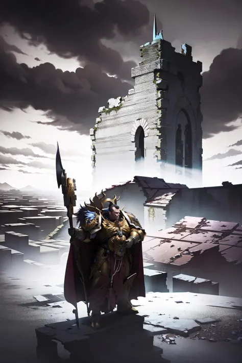 Photo of custodes, valdor in a desolate landscape with short hair wearing intricate ornamented metallic armor, with spear, full armor, cape, 
(1man:1.1), (big pipe:1.1), a ruined city looming in the distance. ascended
 <lora:Custodes MK1 by CARAXES:0.8>