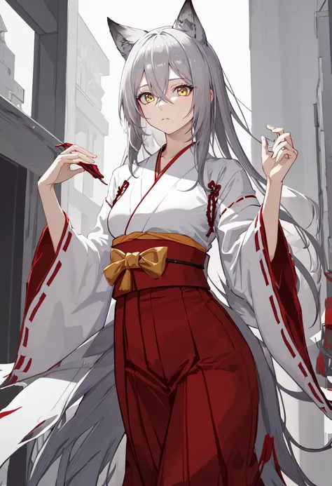 best quality, masterpiece, highres, solo, (projekt_red_arknights:1.10), (white kimono:1.35), (red hakama:1.35), (wide sleeves:1.20), 21 <lora:projekt_red_arknights:0.80>