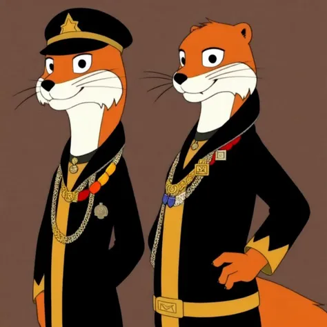 two cartoon foxes dressed in military clothing and hats stand next to each other