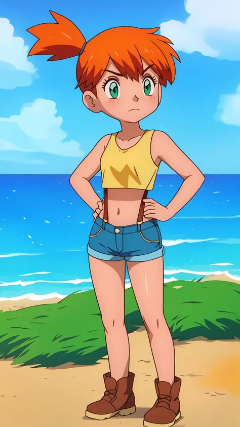 beach,ocean,cloud,shore,blue sky,day,outdoor,sky,<lora:Retro Misty - [Pokemon] - Version 1:0.8>,misty,(groin:1.1),(groin tendon:1.2),suspender shorts,suspenders,1girl,solo,long hair,groin,breasts,short hair,bangs,navel,bare shoulders,closed mouth,green eye...