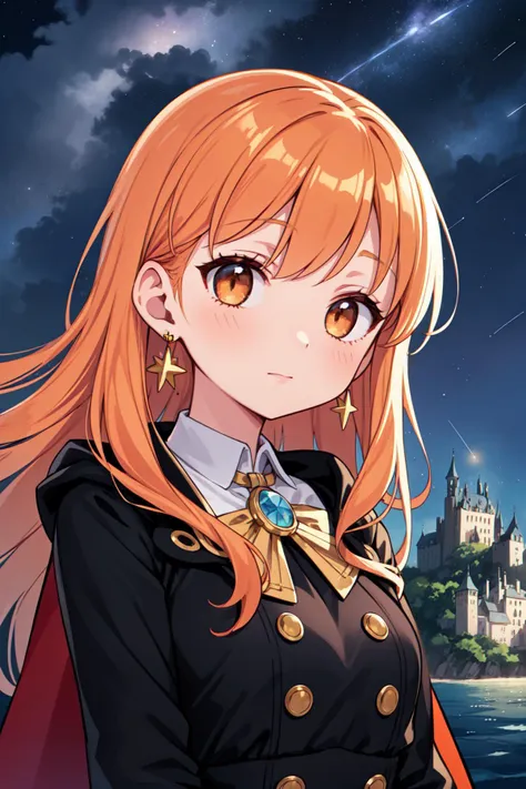 masterpiece, best quality, 1girl, close up, face focus, long black dress, gold buttons, cape, blouse, earrings, very long orange hair, hazel eyes,( castle in background:1.2), [houses], ocean, starry sky, buttons, serene expression, shooting star, soft ligh...