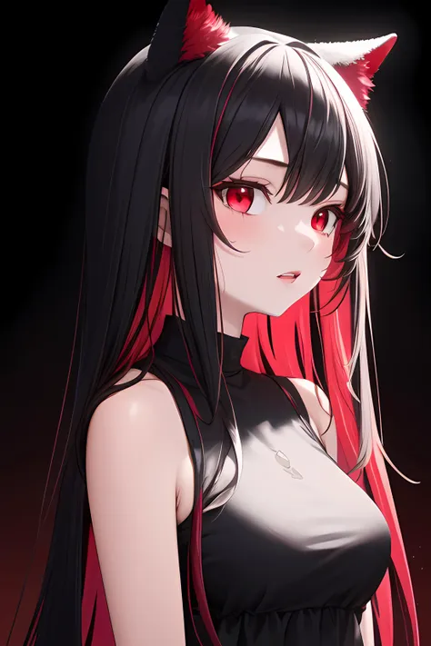 1girl, black long hair, red colored inner hair, red eyes, cat ears, dark background <lora:colored inner hair:1>