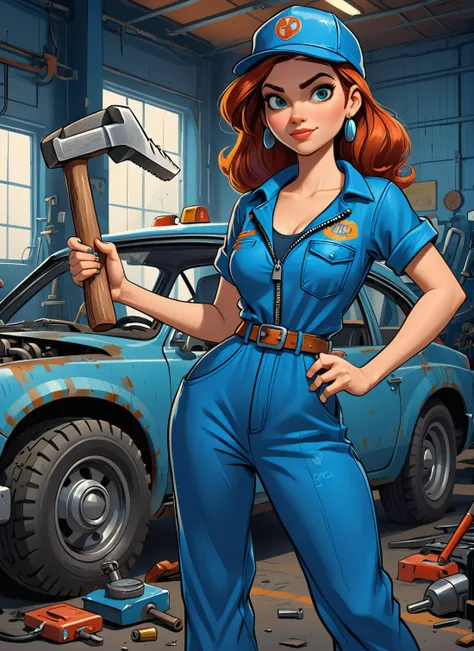 a close up of a cartoon of a woman in a blue jumpsuit holding a hammer