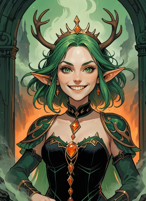 a woman with green hair and horns in a black dress