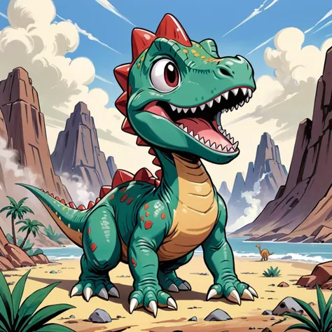 cartoon dinosaur in the desert with mountains and water in the background