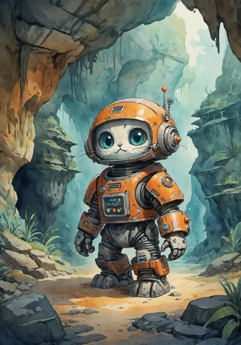 watercolor,
atompunk sci-fi ancient cave adventures, cute little retro [cat|robot],