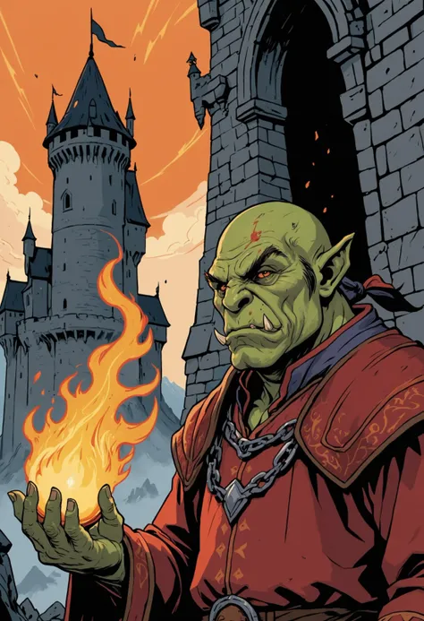 graphic novel flat colors style, cropped detail, fine intricate lineart, hatched shadows, portrait,an orc wizard,wizard tower in the distance,fireball spell