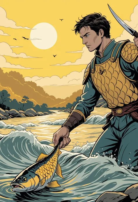 graphic novel flat colors style, cropped detail, fine intricate lineart, hatched shadows, yellow sky,warrior,in the river, fish,waves,water,focus,knife,catching fish