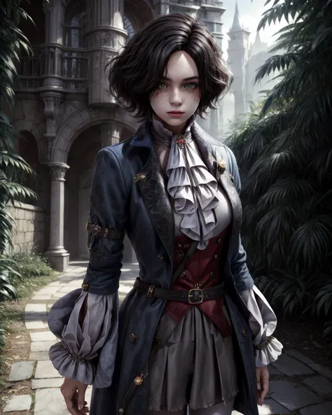 1girl, solo, masterpiece, ultra detailed, <lora:more_details:0.7>,  <lora:LiesofP:0.9> Pinocchio, short hair, black hair, ascot, freckles, brooch, frills, coat, frilled sleeves, large breasts, arms behind back, facing viewer,