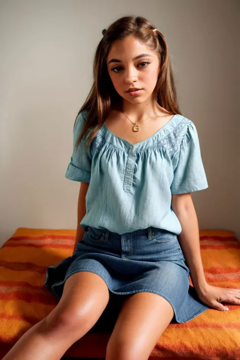 a close up of a woman sitting on a bed wearing a blue top