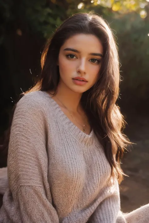 a woman sitting on a bench wearing a sweater and jeans