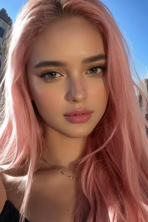 a woman with pink hair and a black top posing for a selfie