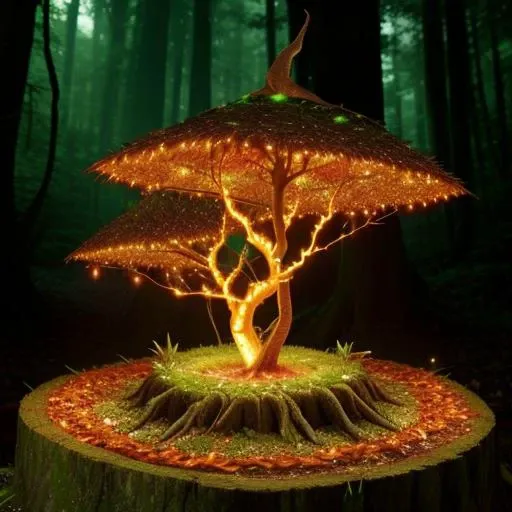 16 bit animation, mythical forest, foggy night, fire, orange glow, tall trees, ancient ruins, overgrown ivy, haunted tree stump, cauldron, witch hat, magical energy aura