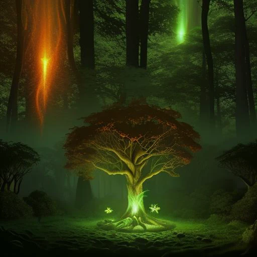 16 bit animation, mythical forest, foggy night, fire, orange glow, tall trees, ancient ruins, overgrown ivy, haunted tree stump, cauldron, witch hat, magical energy aura