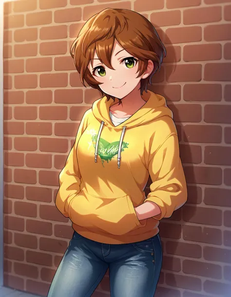 anime girl in yellow hoodie leaning against a brick wall