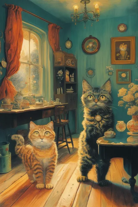 masterpiece,best quality,<lora:tbh120-:0.9>,indoor,illustration,style of Louis Wain,