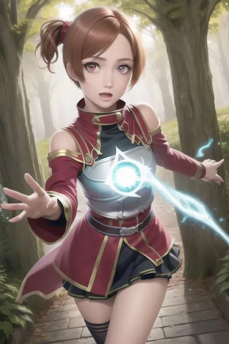 <lora:silicaSwordArtOnline_v10:1> casting magic spell, proportional eyes, (realistic:1.5), extremely detailed, hyper detailed, soft lighting, detailed background, extreme detail background, sharp details, beautiful face, symmetrical eyes, short red hair, s...