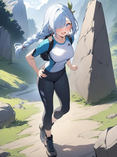 masterpiece, best quality, 1girl, Ancient stone monoliths, Delighted, Standing with one leg bent hand on hip., BREAK
hair ornament, hair over one eye, blue eyes, earrings, braided ponytail, Outdoor Adventure: Hiking pants, performance top, and hiking boots...