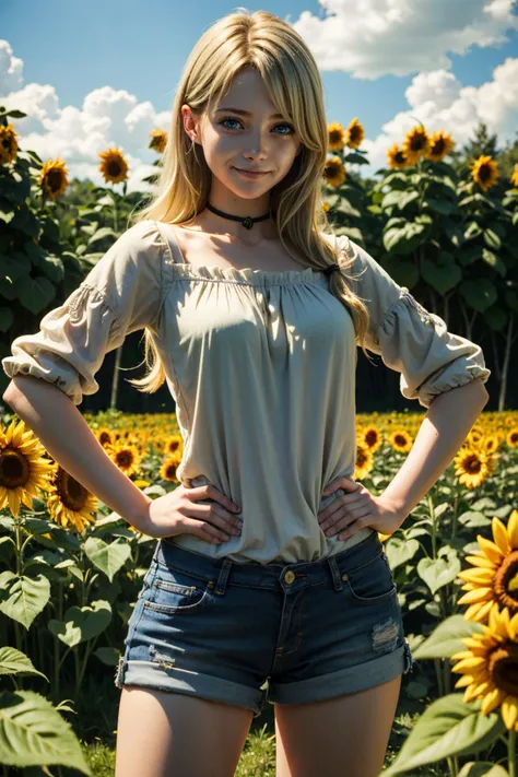 ((ultra detailed, masterpiece, absurdres))
 <lora:HGFiona:0.9>
HGFiona, 1girl, blonde hair, long hair, blue eyes, surrounded by sunflowers in a bright field, smiling, with hands on hips