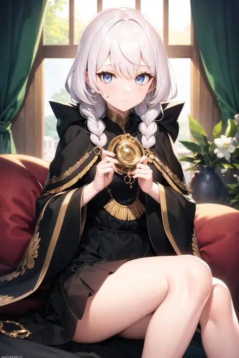 a woman in a black dress sitting on a couch holding a golden object