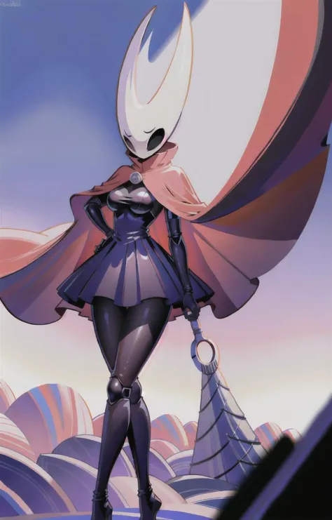 (1girl:average breasts, mask, hornet (hollow knight), big ass, black skin, red cape,  <lora:LoRA_Hornet-000009:0.8>), forest in the background, high quality, high resolution, extreme detail, masterpiece, intricate details, [volumetric fog], cinematic light...