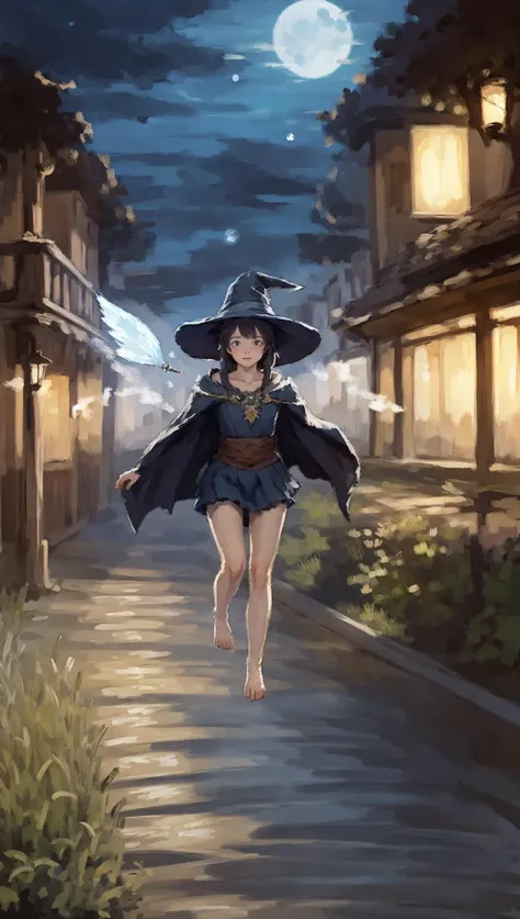 barefoot 1girl, (in crowded town:1.2), (warm light:1.3), night scenery, masterpiece, best quality, ultra-detailed, illustration, 1girl, solo, fantasy, flying, broom, night sky, outdoors, magic, spells, moon, stars, clouds, wind, hair, cape, hat, boots, bro...
