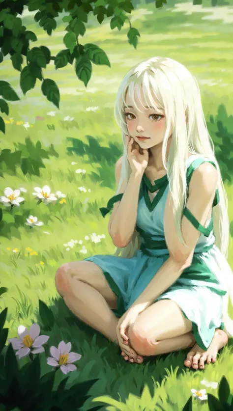 (barefoot 1girl:1.3), (masterpiece, best quality),1girl with long white hair sitting in a field of green plants and flowers, her hand under her chin, warm lighting, white dress, blurry foreground