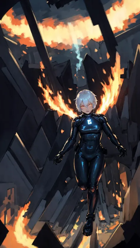 fighting , glowing eyes, short hair,torn tight supersuit, in a destroyed city, smoke and fire, glowing power aura, dynamic pose, dynamic view