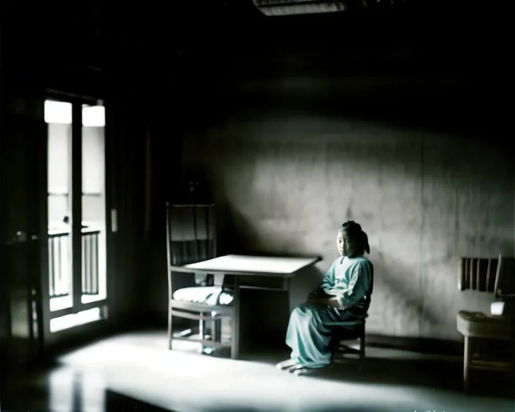 there is a woman sitting at a desk in a dark room