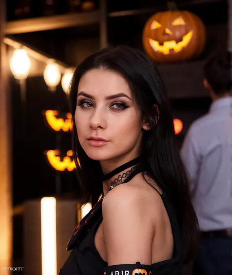 cinematic photo   a woman,  <lora:quiron_NicoleBlack_v7_Lora:0.87> NicoleBlackQuiron , RAW, (Dutch angle),  makeup,  a face of perfect proportion, Depth of field, Sitting, Necktie,  Light Cobalt Halloween costume with Tote bags,  . 35mm photograph, film, b...