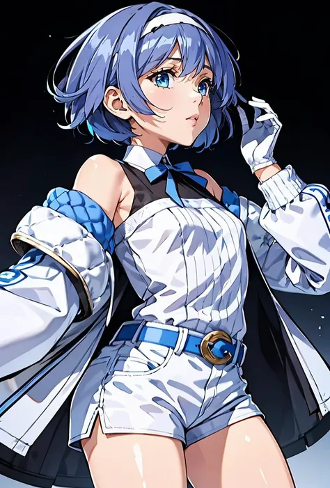 (masterpiece, best quality), 1girl,   <lora:SuzukiTsudumiAI_V01:0.8> SuzukiTsudumiAI,1girl,  blue eyes, blue hair, short hair, bangs, hairband, off shoulder, white gloves, half gloves, white shirt, blue belt, blue jacket:1.3, open jacket:1.3, puffed sleeve...