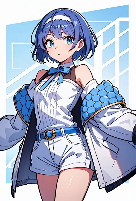 (masterpiece, best quality), 1girl,   <lora:SuzukiTsudumiAI_V01:0.8> SuzukiTsudumiAI,1girl,  blue eyes, blue hair, short hair, bangs, hairband, off shoulder, white gloves, half gloves, white shirt, blue belt, blue jacket:1.3, open jacket:1.3, puffed sleeve...