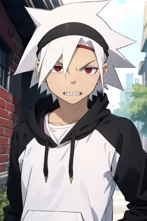 masterpiece, best quality, photorealistic, 1boy, solo, male focus, looking at viewer, , , , , <lora:soul_eater_evans:0.74>, soul_eater_evans, white hair, red eyes, spiked hair, teeth, headband, hoodie, , The Palace of Dreams, Blu-ray