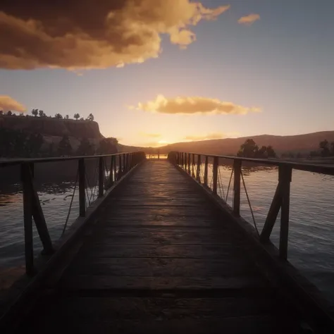 cinematic film still of  <lora:Red Dead Redemption style:1>
a view of a lake and a bridge at sunset,outdoors,sky,cloud,water,no humans,ocean,cloudy sky,scenery,sunset , epic, Western, adventures, outlaw, Red Dead, Western United States, wild west, cowboy, ...