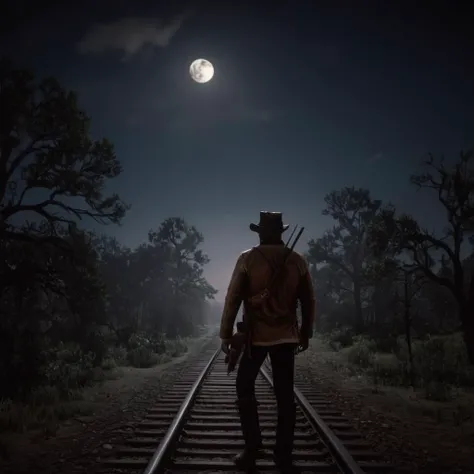 cinematic film still of cinematic film still of  <lora:Red Dead Redemption style:1>
a man standing on a train track in the dark,solo,1boy,hat,weapon,male focus,outdoors,sky,bag,from behind,tree,gun,night,moon,nature,scenery,full moon,smoke,dark,fog , epic,...