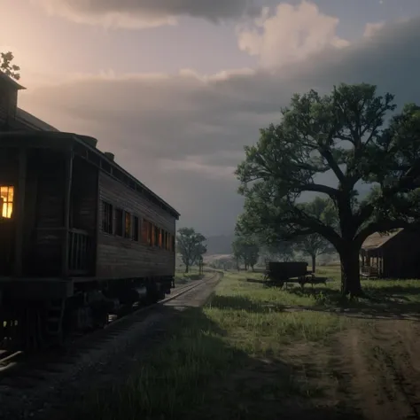 cinematic film still of cinematic film still of  <lora:Red Dead Redemption style:1>
a small town with a train on a track,outdoors,sky,tree,no humans,night,grass,ground vehicle,night sky,scenery,motor vehicle,dark,house , epic, Western, adventures, outlaw, ...