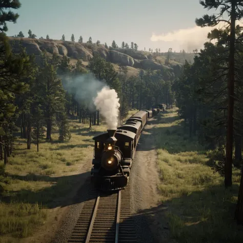 cinematic film still of cinematic film still of  <lora:Red Dead Redemption style:1>
a train traveling down train tracks next to a forest,outdoors,sky,day,tree,no humans,grass,letterboxed,ground vehicle,nature,scenery,motor vehicle,forest,smoke,car,road,veh...