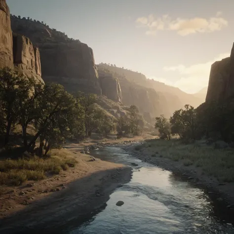 cinematic film still of cinematic film still of  <lora:Red Dead Redemption style:1>
a river running through a canyon next to a mountain,outdoors,sky,day,water,tree,no humans,grass,plant,nature,scenery,mountain , epic, Western, adventures, outlaw, Red Dead,...