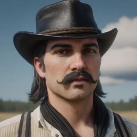 Hyperrealistic art of  <lora:Red Dead Redemption style:1>
Dutch Van Der Linde a man with a hat and a mustache,solo,looking at viewer,open mouth,shirt,black hair,1boy,hat,white shirt,male focus,outdoors,parted lips,sky,teeth,day,collared shirt,mole,black ey...