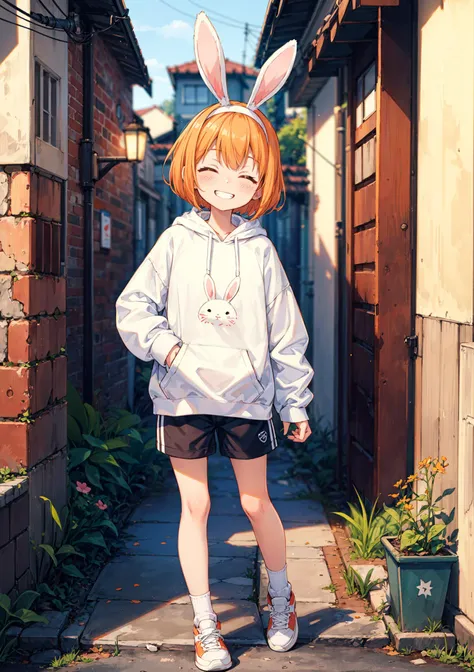 anime girl in bunny ears and glasses standing on a sidewalk