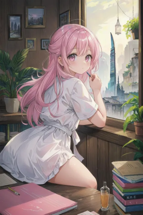 anime girl sitting on a desk looking out a window